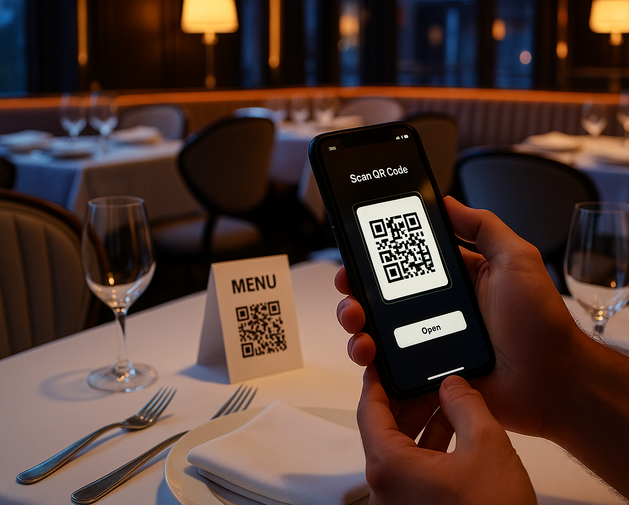 Customer scanning QR code in restaurant